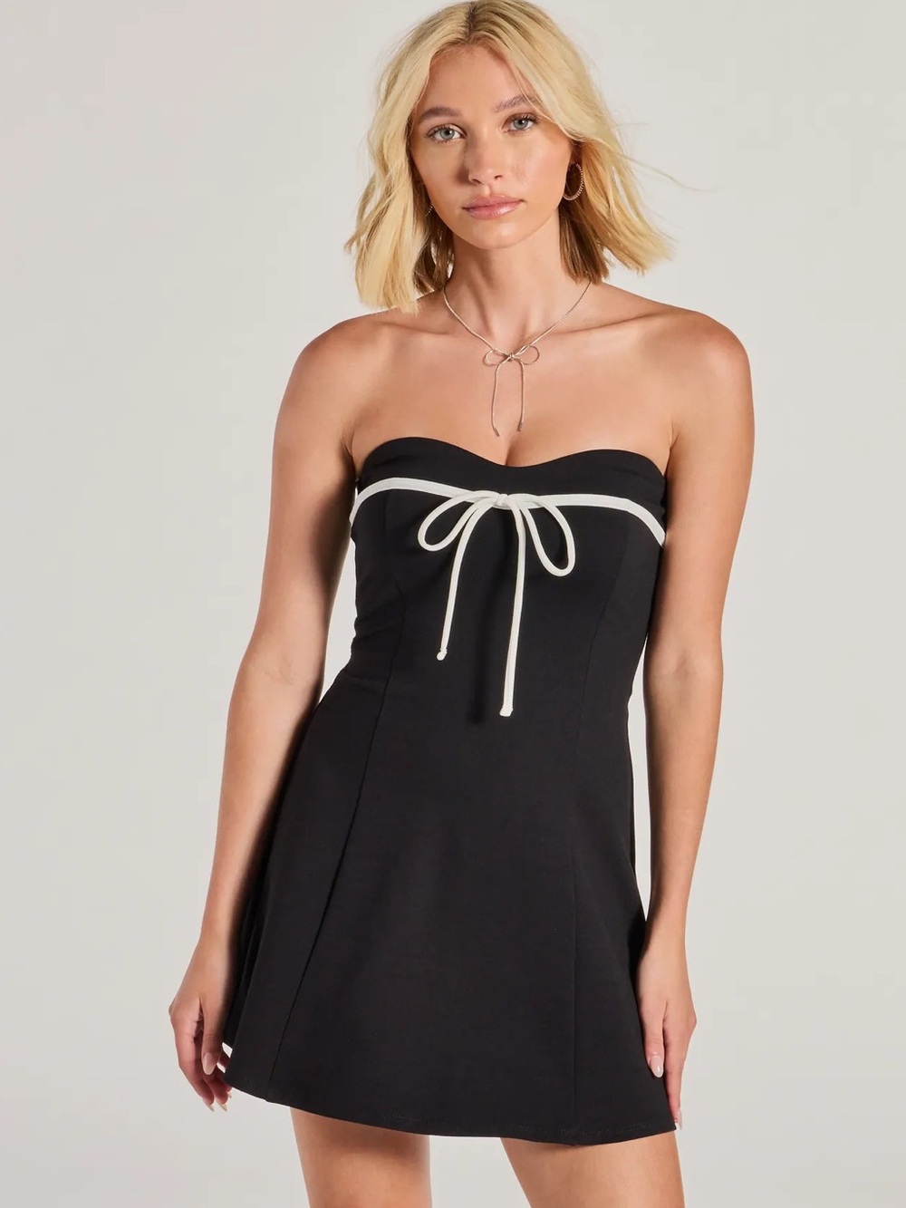 Black Strapless Mini Dress with White Tie Detail